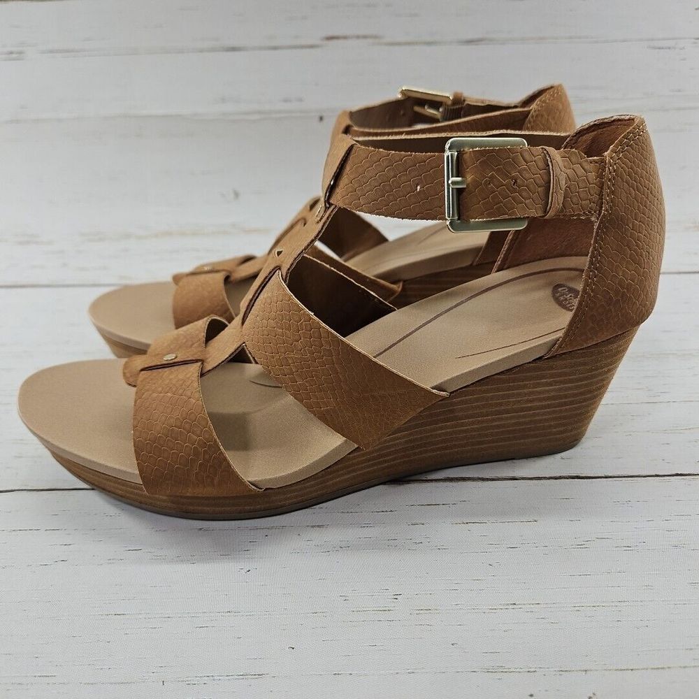 Dr. Scholls Womens 9.5‎ Barton Wedge Sandals Saddle Tan Brown Faux Leather Snake